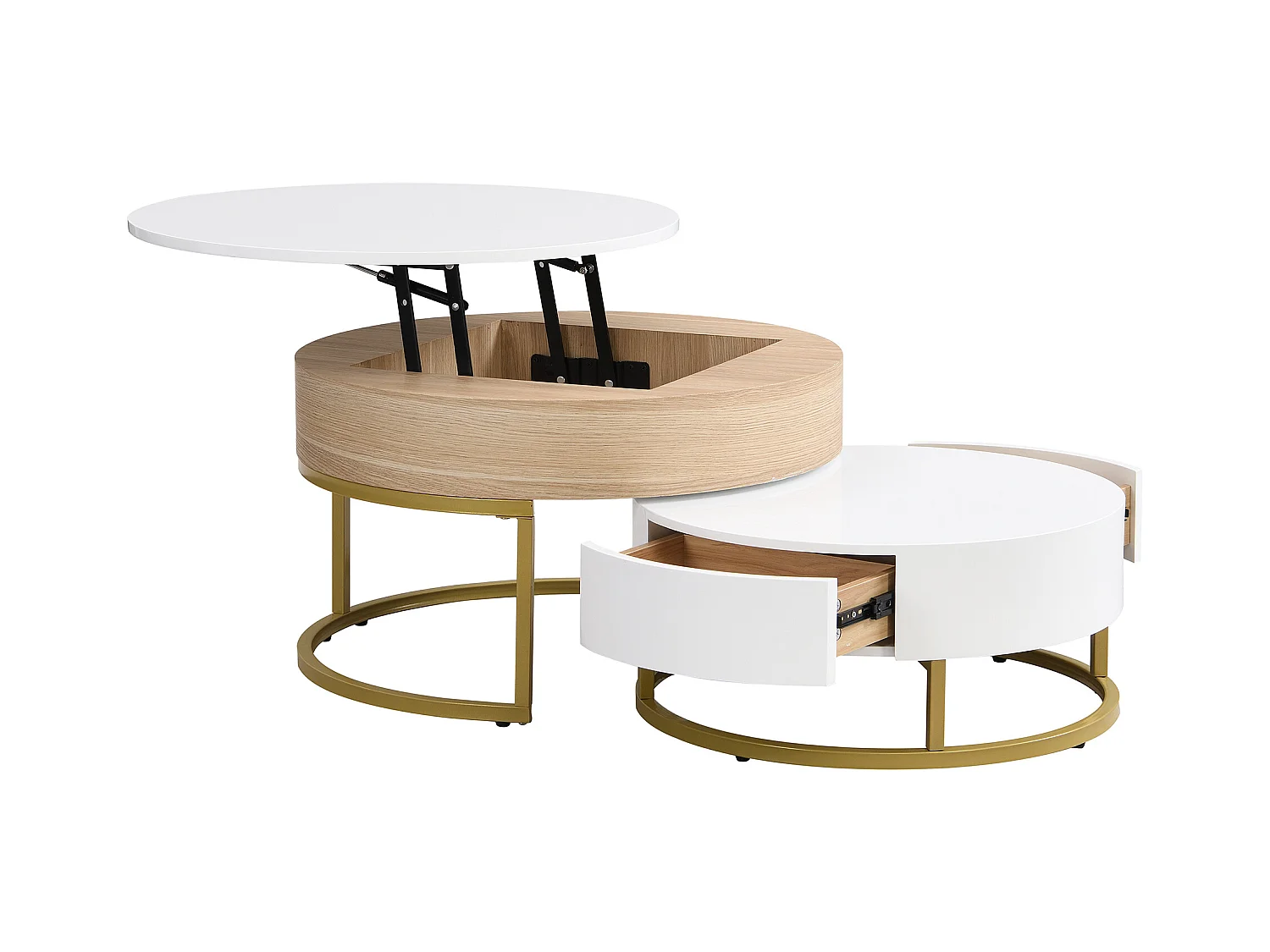 Set van 2 in elkaar passende salontafels 70x70x56,5 cmWitte MDF bijzettafel met twee laden voor de woonkamer