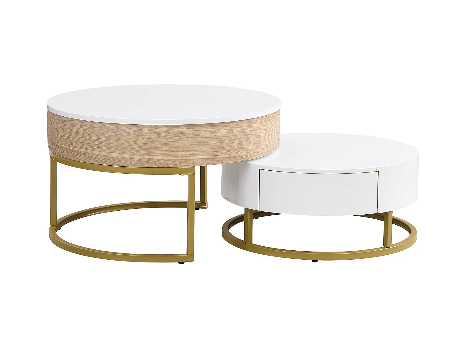 Set van 2 in elkaar passende salontafels 70x70x56,5 cmWitte MDF bijzettafel met twee laden voor de woonkamer