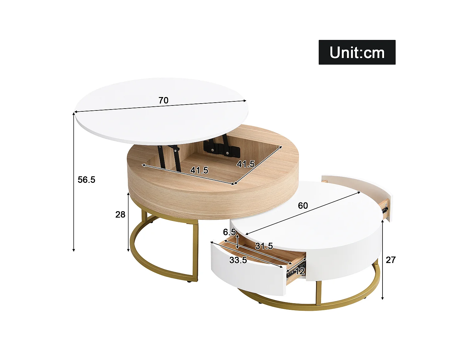 Set van 2 in elkaar passende salontafels 70x70x56,5 cmWitte MDF bijzettafel met twee laden voor de woonkamer