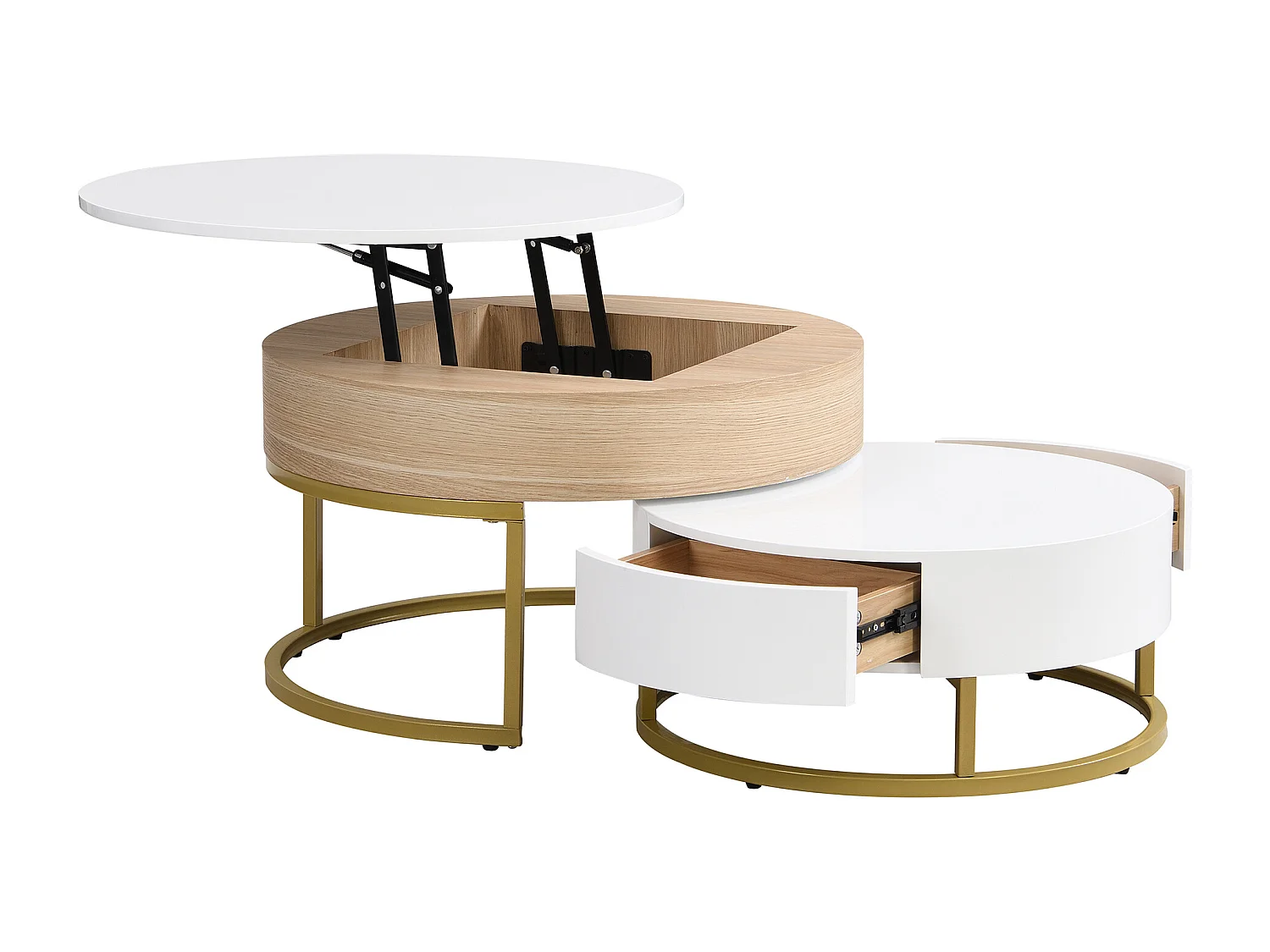 Set van 2 in elkaar passende salontafels 70x70x56,5 cmWitte MDF bijzettafel met twee laden voor de woonkamer