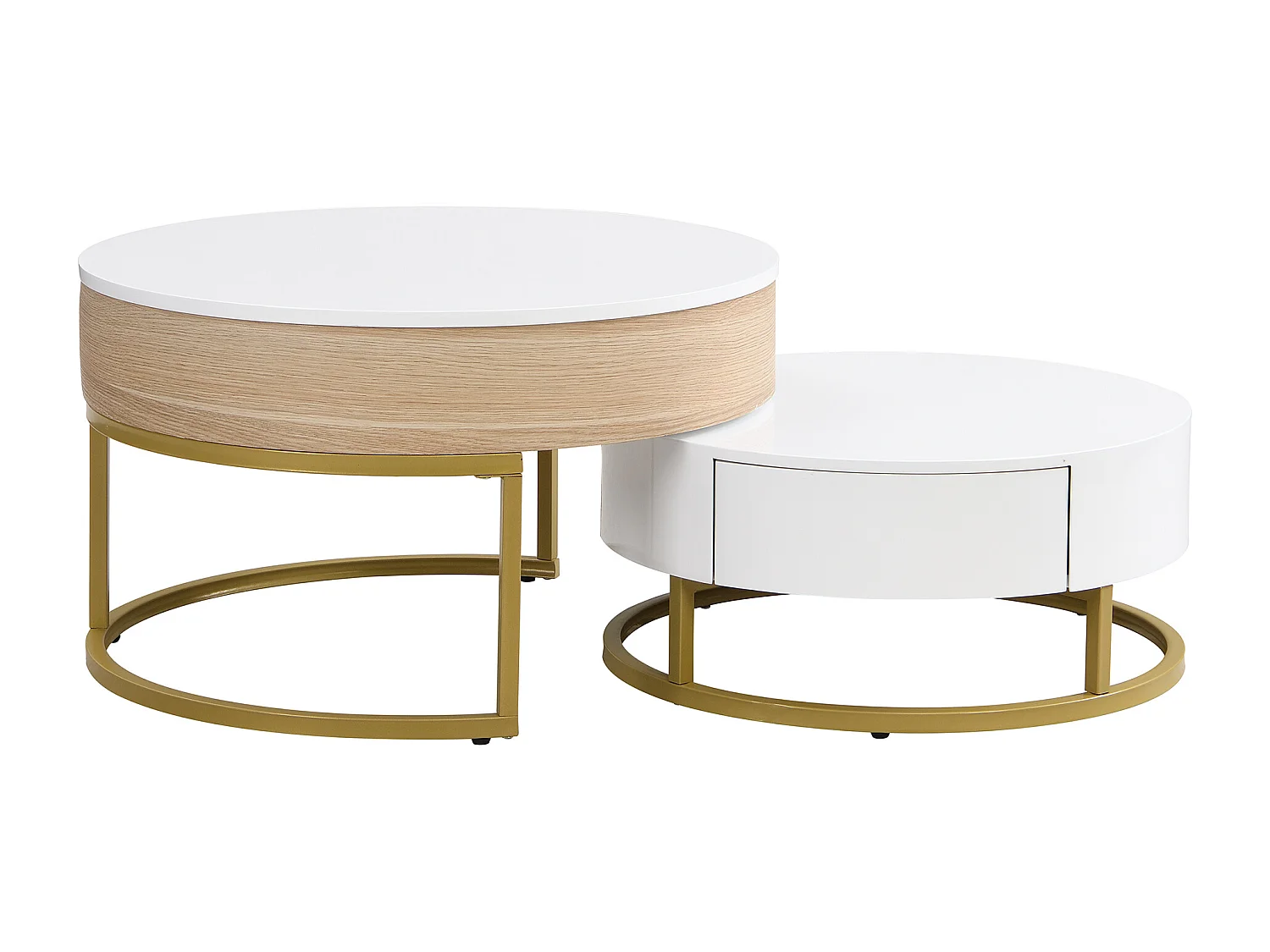 Set van 2 in elkaar passende salontafels 70x70x56,5 cmWitte MDF bijzettafel met twee laden voor de woonkamer