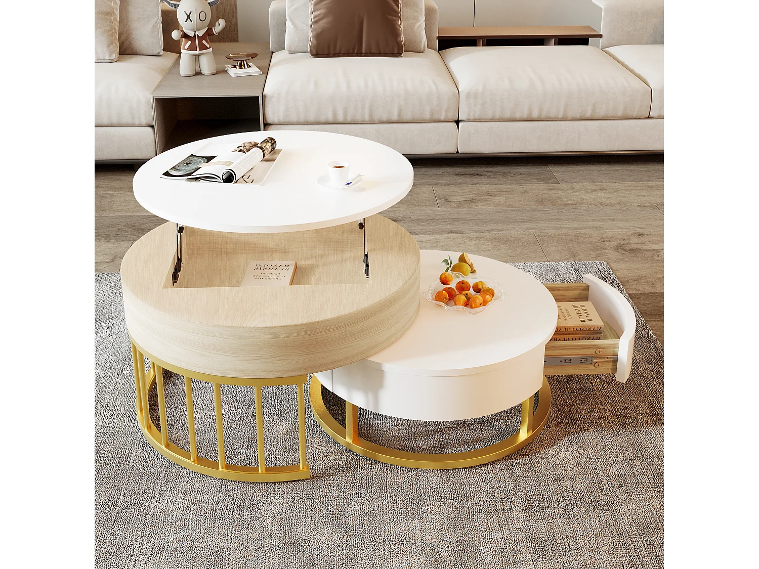 Lot de 2 tables basses gigognes 70x70x56.5 cmTable d'appoint à deux tiroirs MDF blanc pour salon
