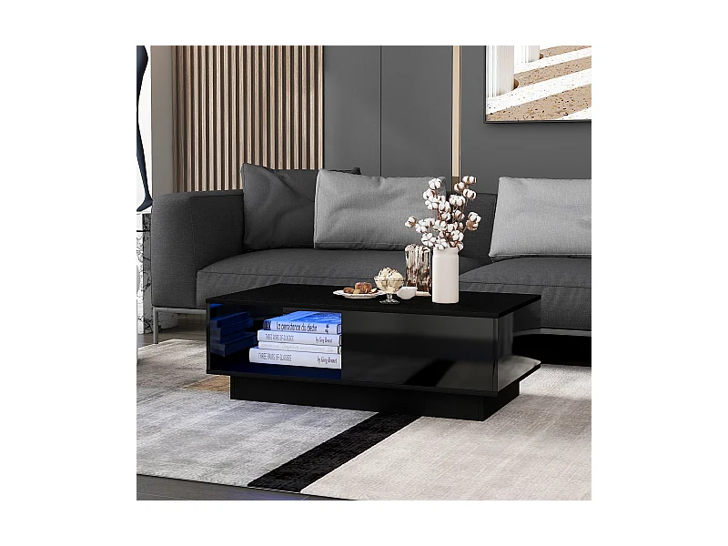 Table basse rectangulaire moderne 95x55x32cm LED 16 couleurs finition brillante noir pour salon