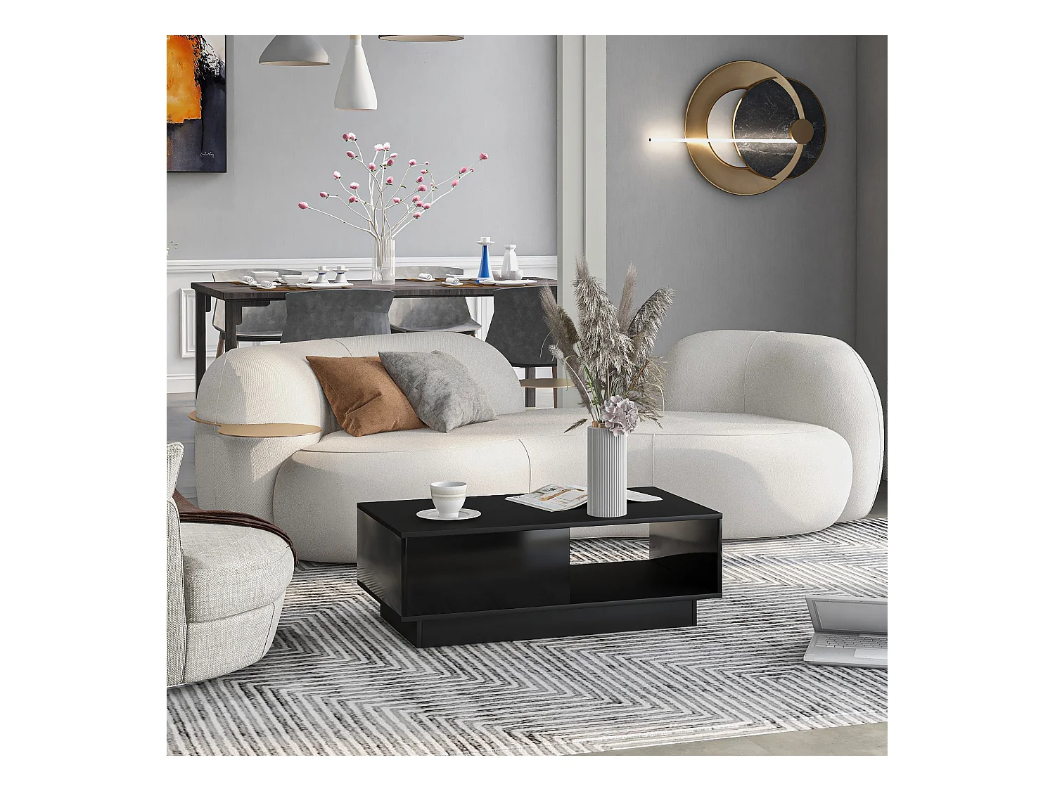 Table basse rectangulaire moderne 95x55x32cm LED 16 couleurs finition brillante noir pour salon