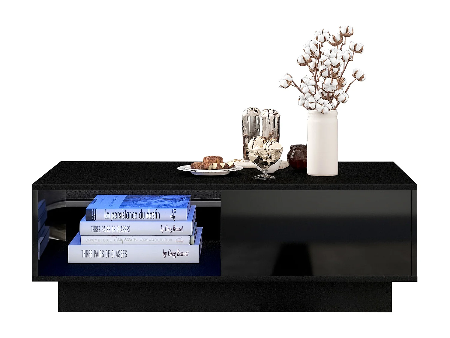 Table basse rectangulaire moderne 95x55x32cm LED 16 couleurs finition brillante noir pour salon