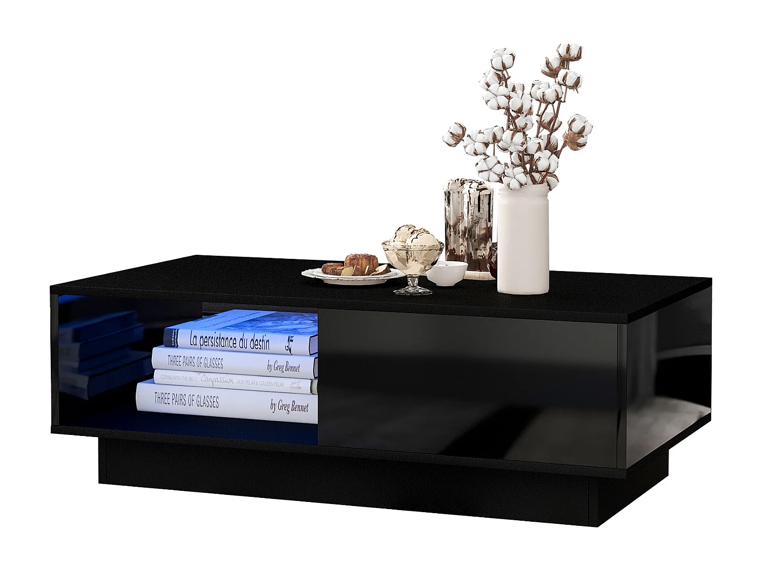 Table basse 95x55x32 cm, avec éclairage LED, 2 tiroirs et 2 étagères, panneaux de particules noir