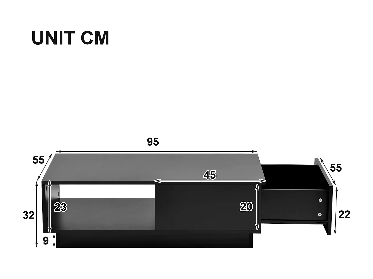 Table basse 95x55x32 cm, avec éclairage LED, 2 tiroirs et 2 étagères, panneaux de particules noir