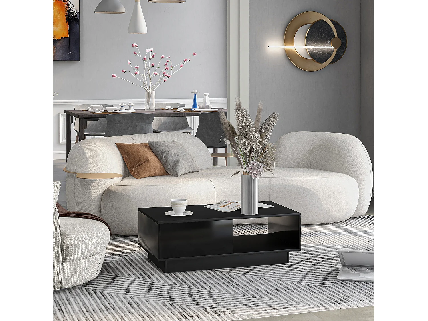 Table basse 95x55x32 cm, avec éclairage LED, 2 tiroirs et 2 étagères, panneaux de particules noir