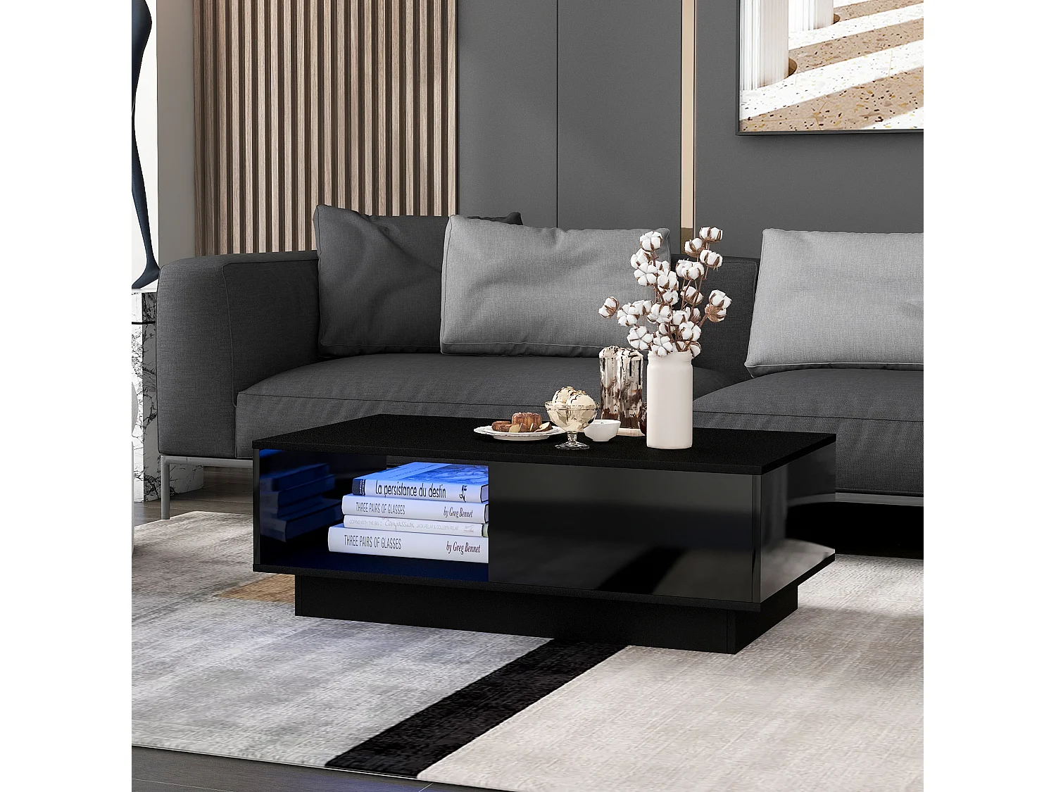 Table basse 95x55x32 cm, avec éclairage LED, 2 tiroirs et 2 étagères, panneaux de particules noir
