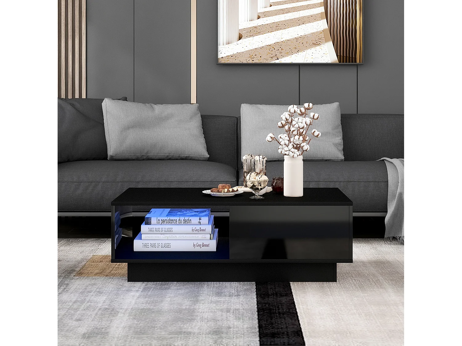 Table basse 95x55x32 cm, avec éclairage LED, 2 tiroirs et 2 étagères, panneaux de particules noir