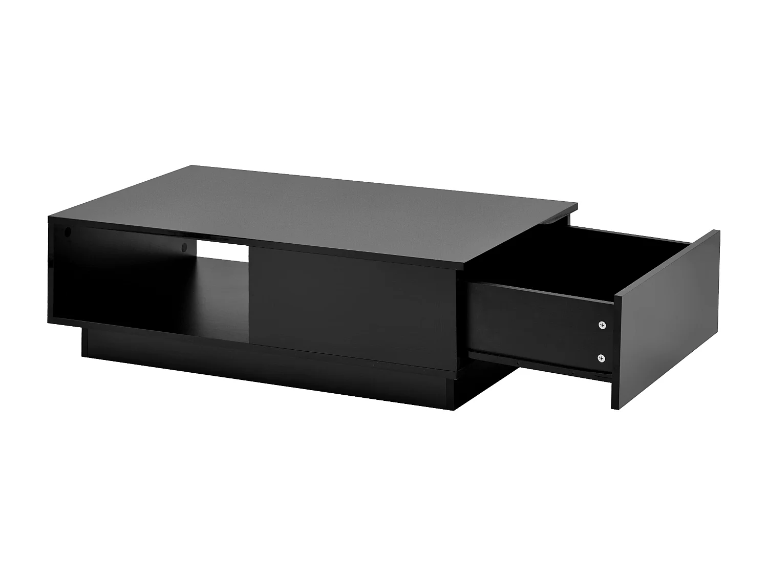 Table basse 95x55x32 cm, avec éclairage LED, 2 tiroirs et 2 étagères, panneaux de particules noir