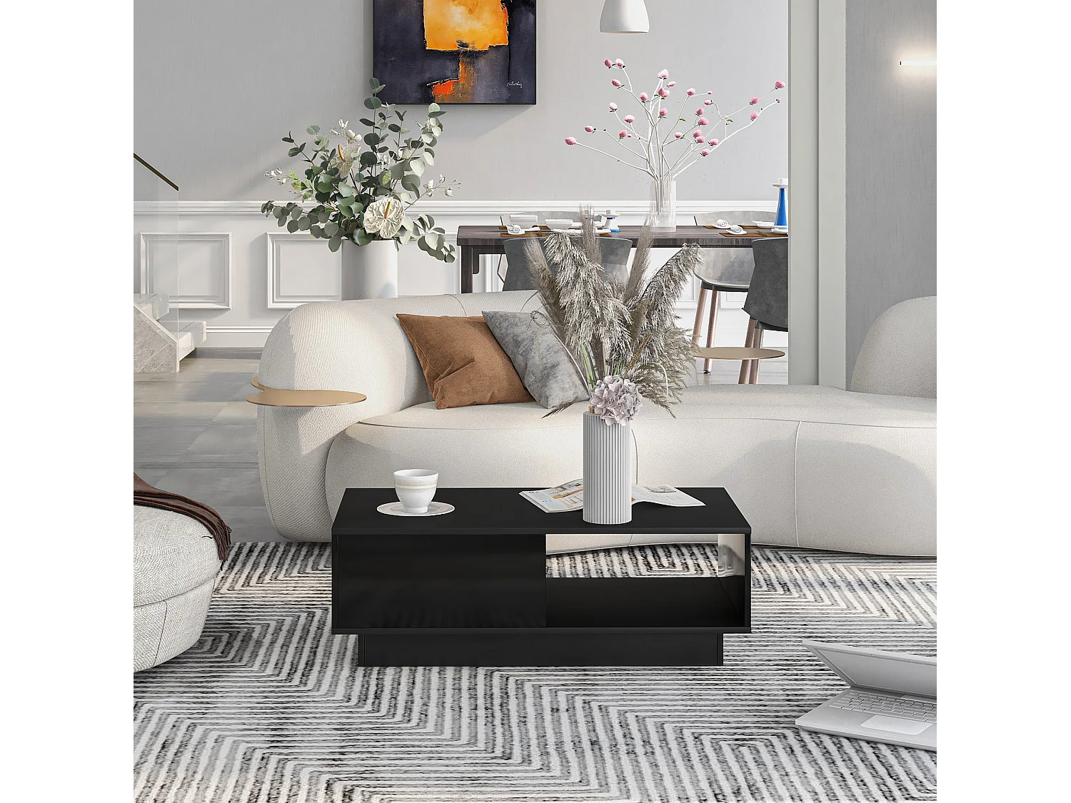 Table basse 95x55x32 cm, avec éclairage LED, 2 tiroirs et 2 étagères, panneaux de particules noir