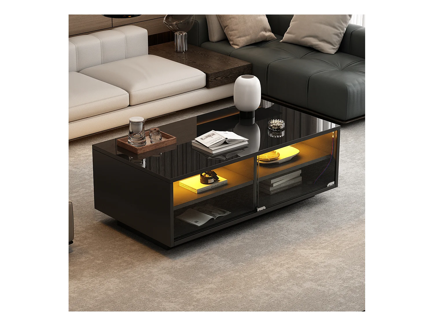 Table basse 94x50x34 cm LED brillant 2 tiroirs porte vitrine verre trempé noir salon contemporain