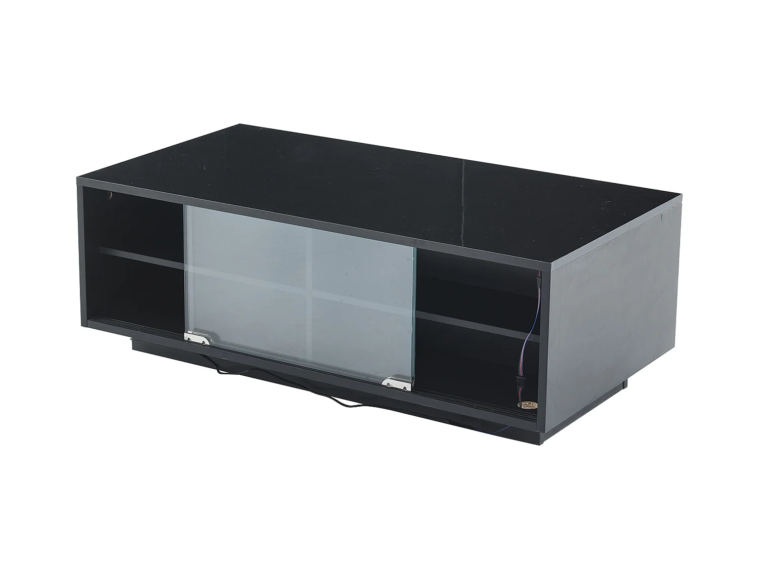 Table basse 94x50x34 cm LED brillant 2 tiroirs porte vitrine verre trempé noir salon contemporain