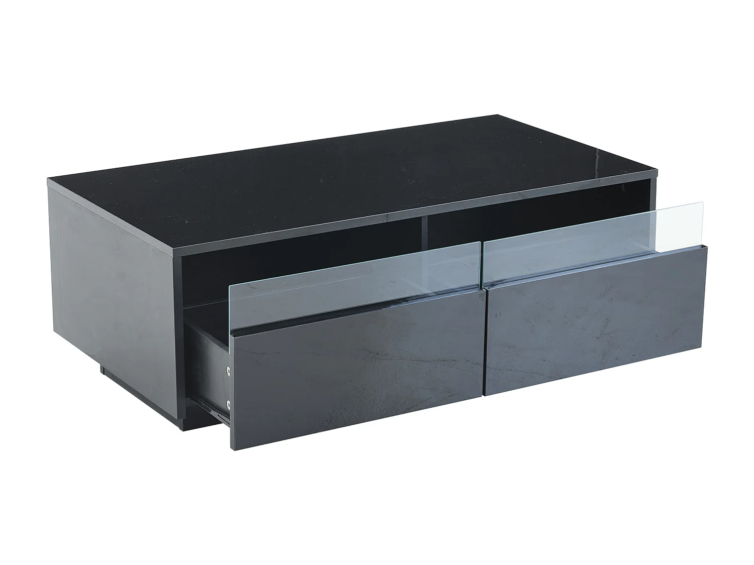 Table basse 94x50x34 cm LED brillant 2 tiroirs porte vitrine verre trempé noir salon contemporain