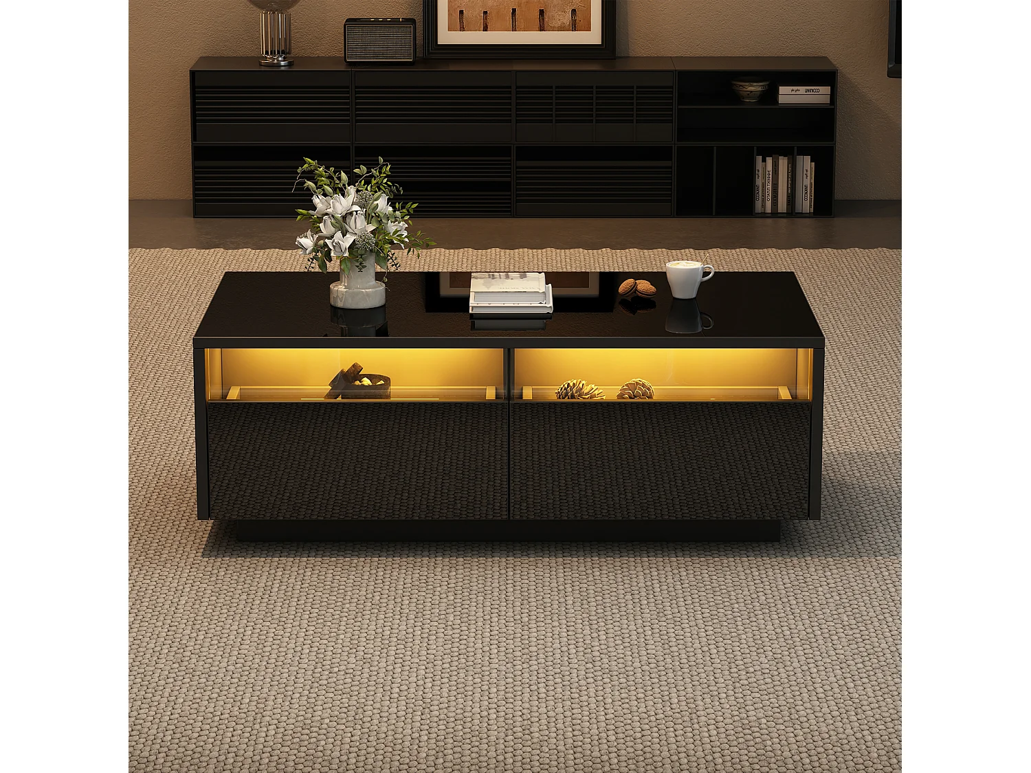 Table basse 94x50x34 cm LED brillant 2 tiroirs porte vitrine verre trempé noir salon contemporain