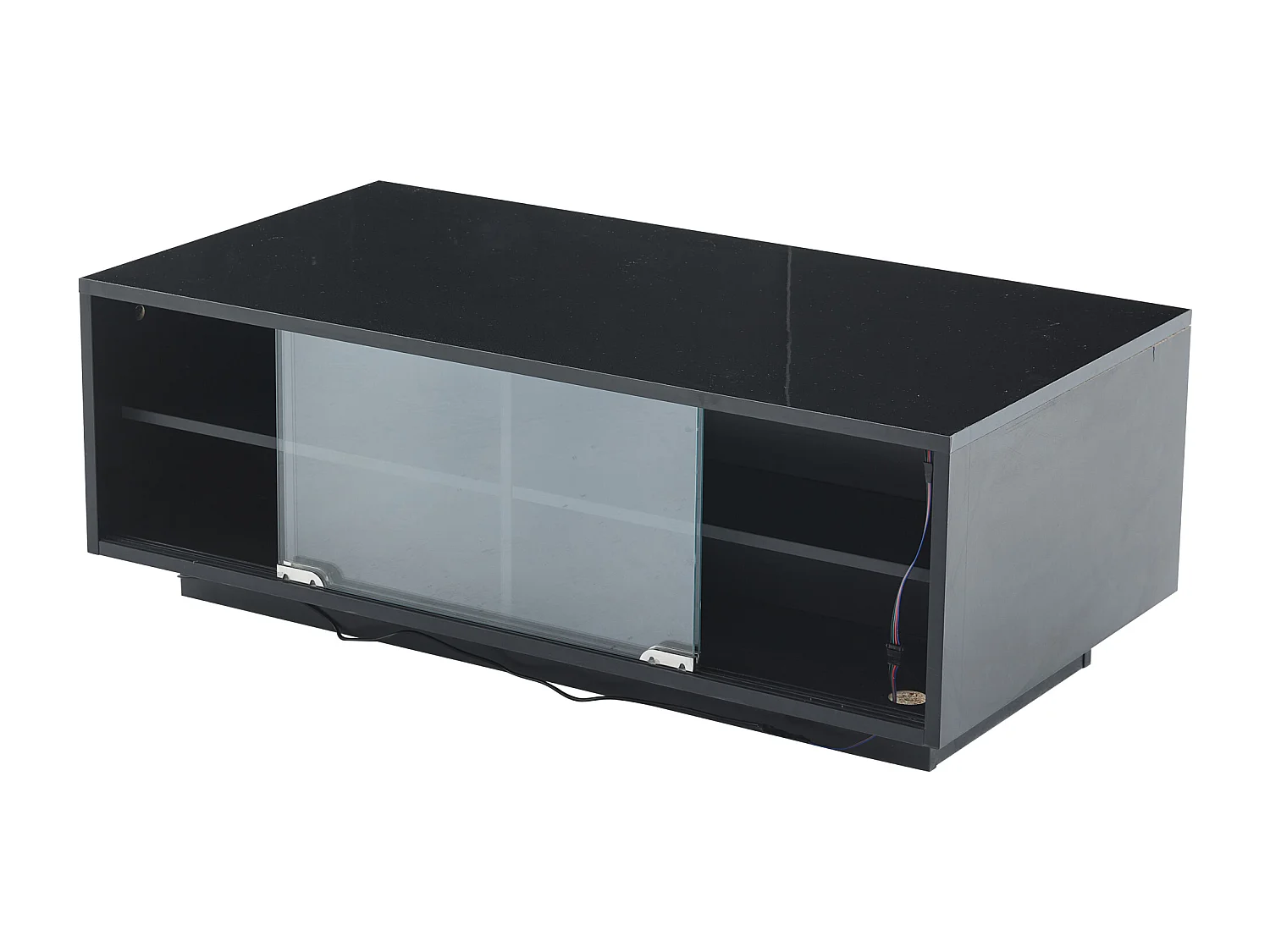Table basse 94x50x34 cm LED brillant 2 tiroirs porte vitrine verre trempé noir salon contemporain