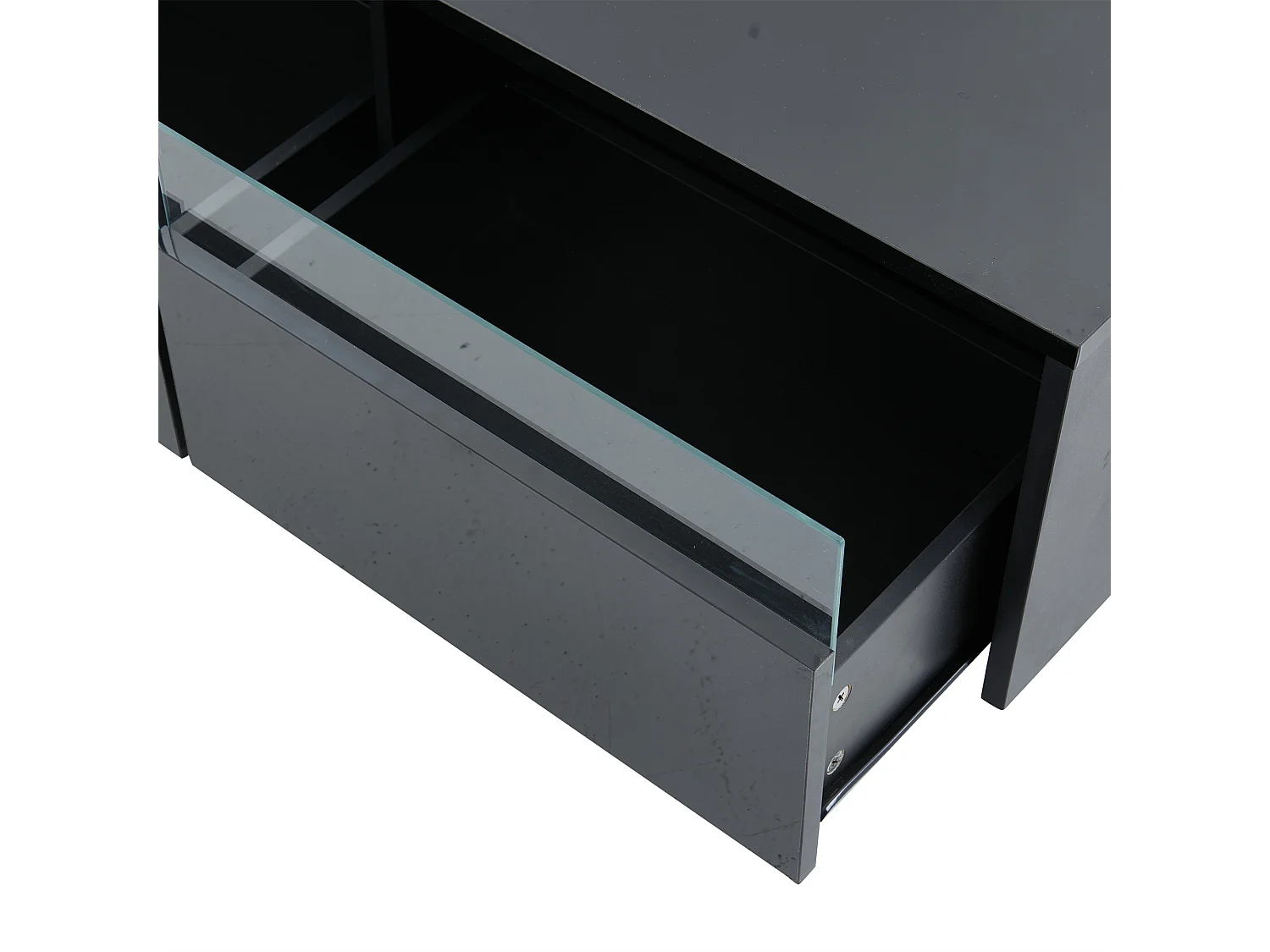 Table basse 94x50x34 cm LED brillant 2 tiroirs porte vitrine verre trempé noir salon contemporain