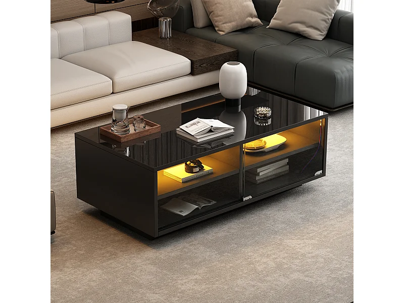 Table basse 94x50x34 cm LED brillant 2 tiroirs porte vitrine verre trempé noir salon contemporain