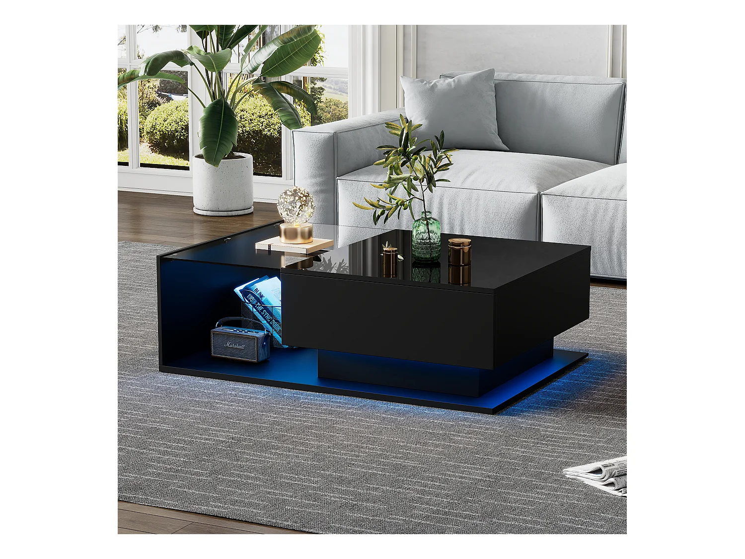 Table basse LED acrylique rangement intégré commande noir pour salon bureau