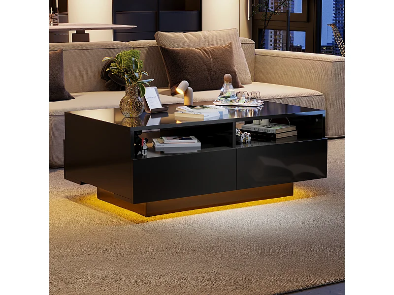 Table basse LED 4 tiroirs 16 couleurs brillant port USB Noir salon chambre