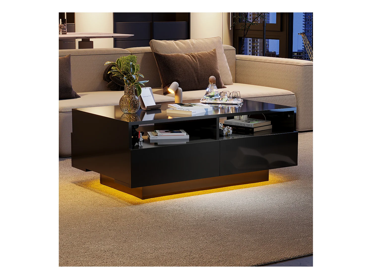 Table basse LED 4 tiroirs 16 couleurs brillant port USB Noir salon chambre