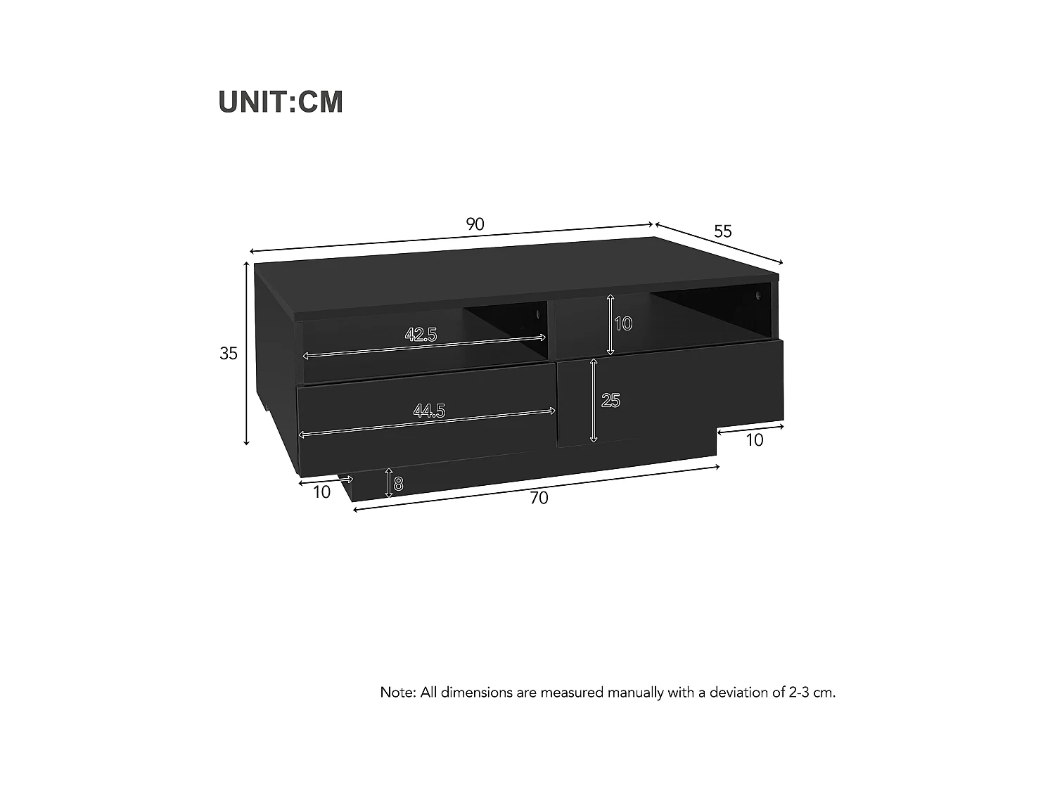Table basse LED 4 tiroirs 16 couleurs brillant port USB Noir salon chambre