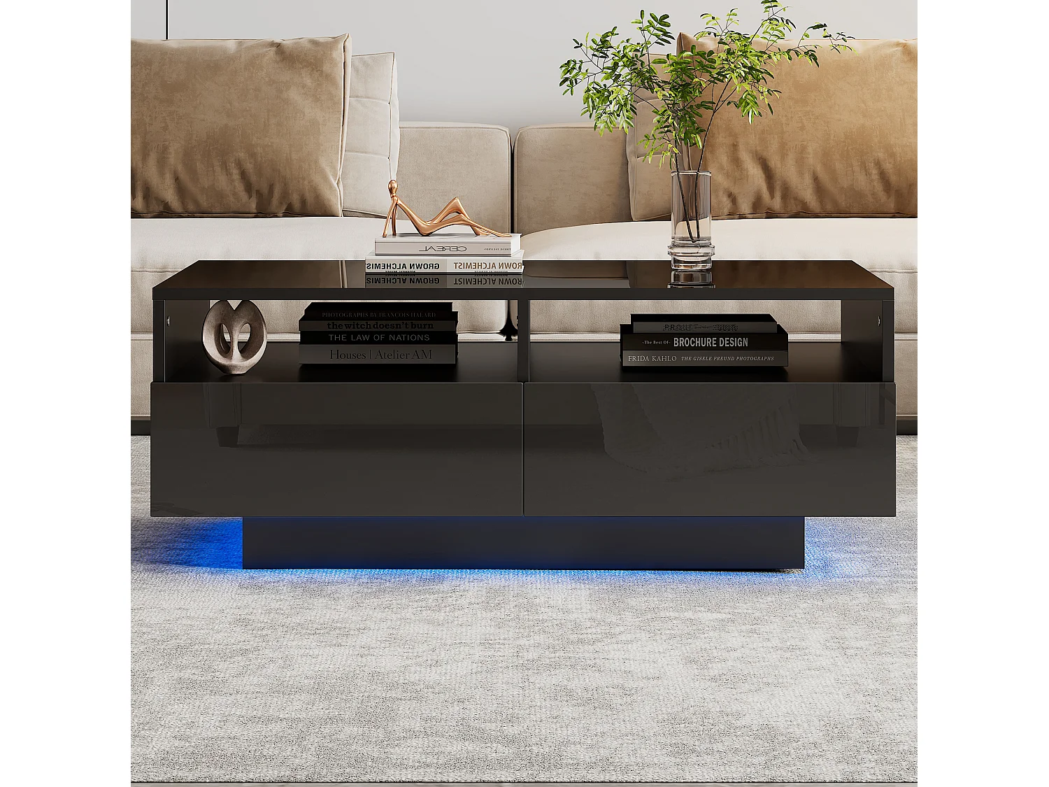 Table basse LED 4 tiroirs 16 couleurs brillant port USB Noir salon chambre