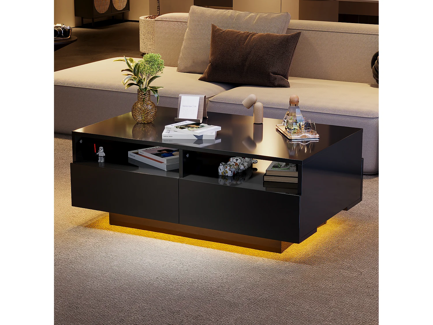 Table basse LED 4 tiroirs 16 couleurs brillant port USB Noir salon chambre