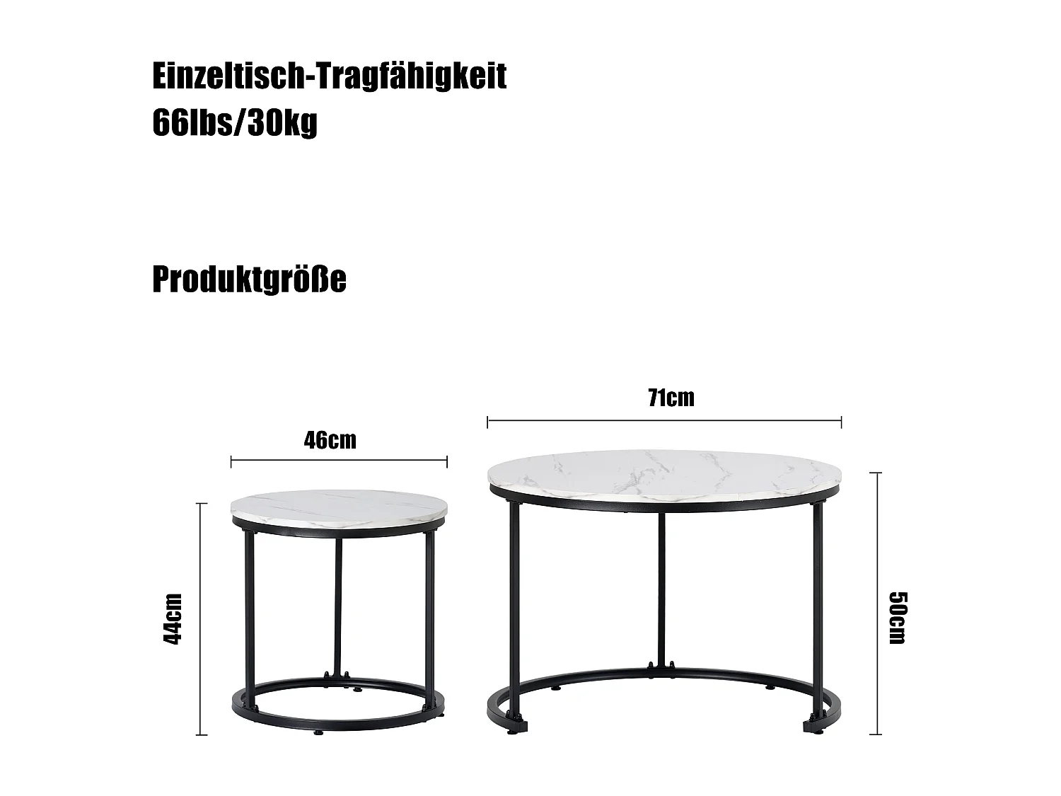 Lot de 2 tables basses gigognes rondes, 50x50x70.5 cm, design moderne, structure en métal, MDF motif marbre