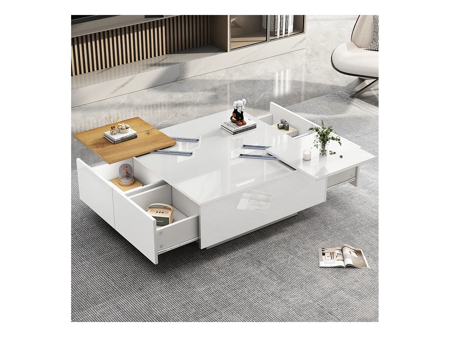 Table basse 75x75x33.5 cm plateau mobile étagère verre brillant blanc salon design