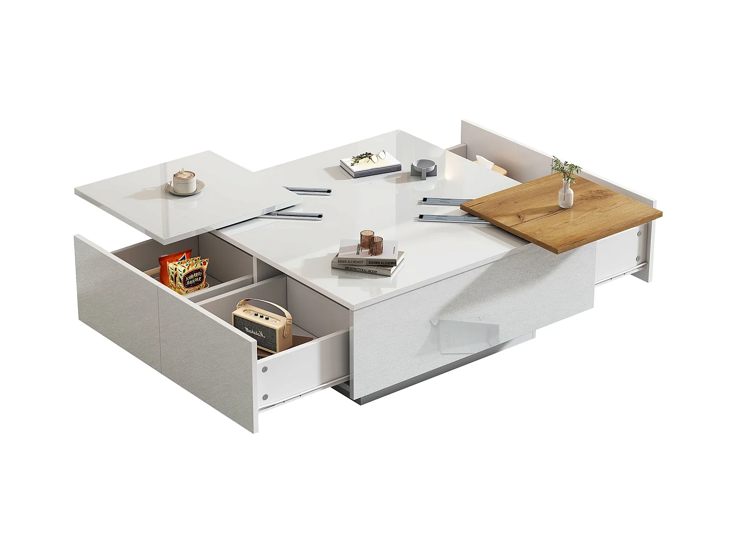 Table basse 75x75x33.5 cm plateau mobile étagère verre brillant blanc salon design