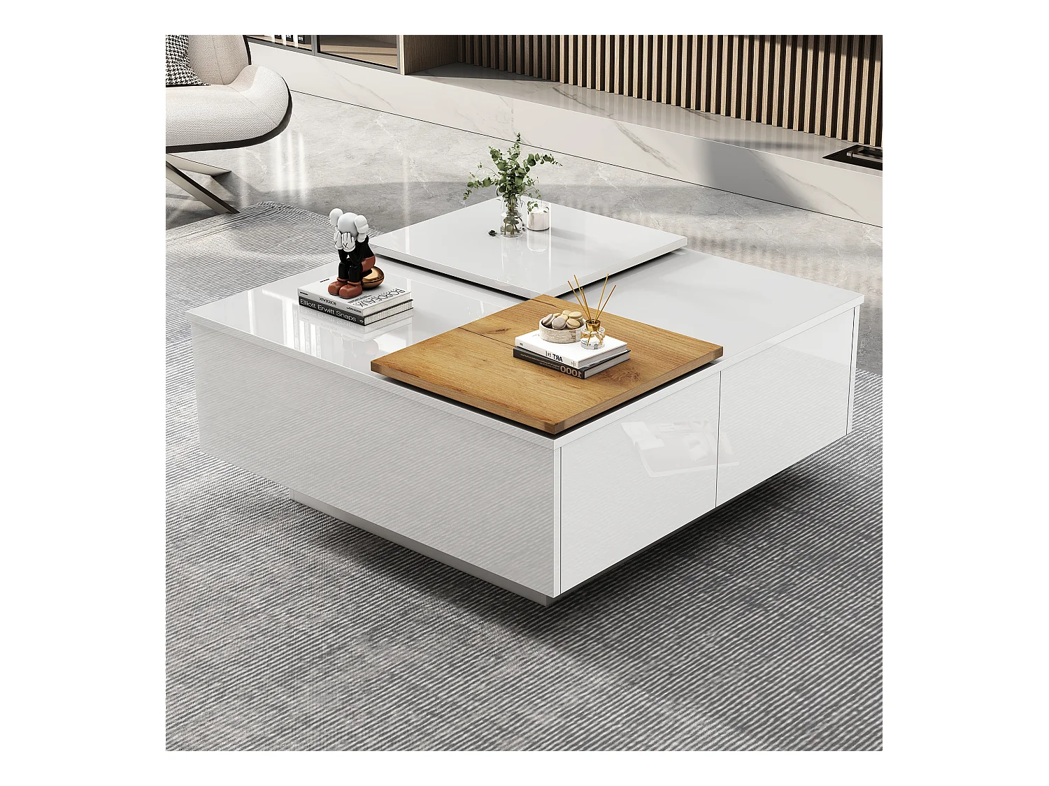 Table basse 75x75x33.5 cm plateau mobile étagère verre brillant blanc salon design