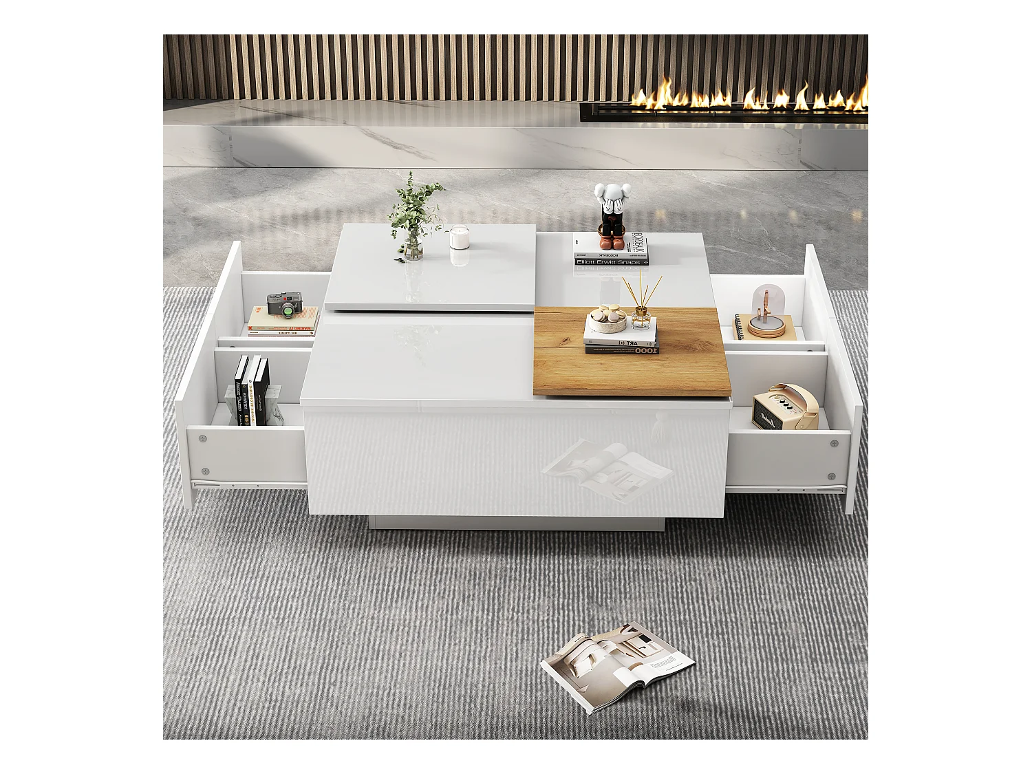 Table basse 75x75x33.5 cm plateau mobile étagère verre brillant blanc salon design