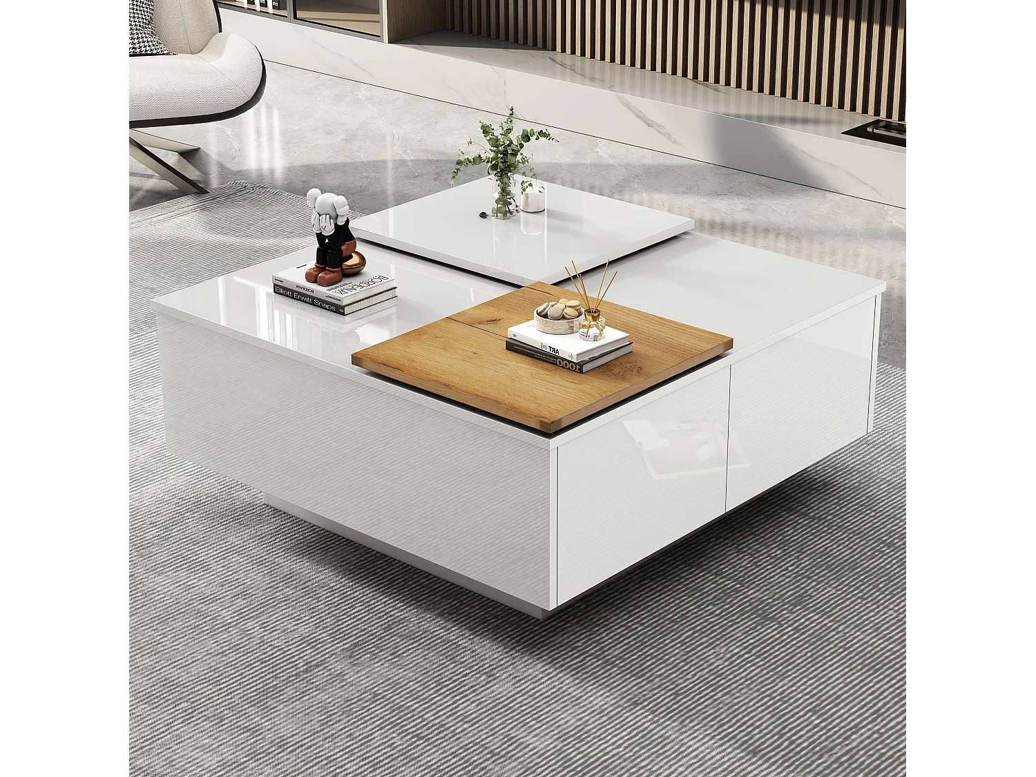 Table basse 75x75x33.5 cm plateau mobile étagère verre brillant blanc salon design