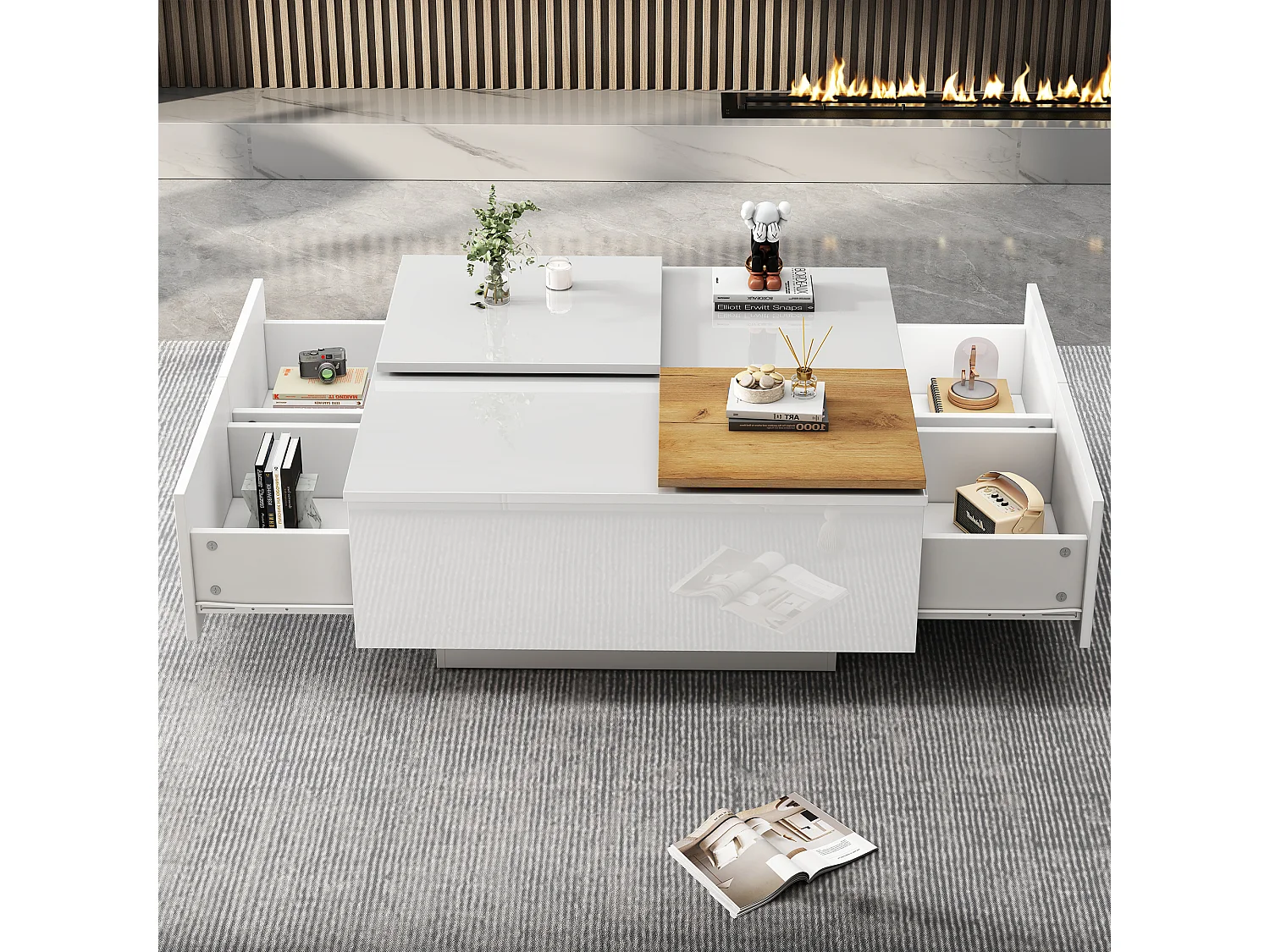 Table basse 75x75x33.5 cm plateau mobile étagère verre brillant blanc salon design