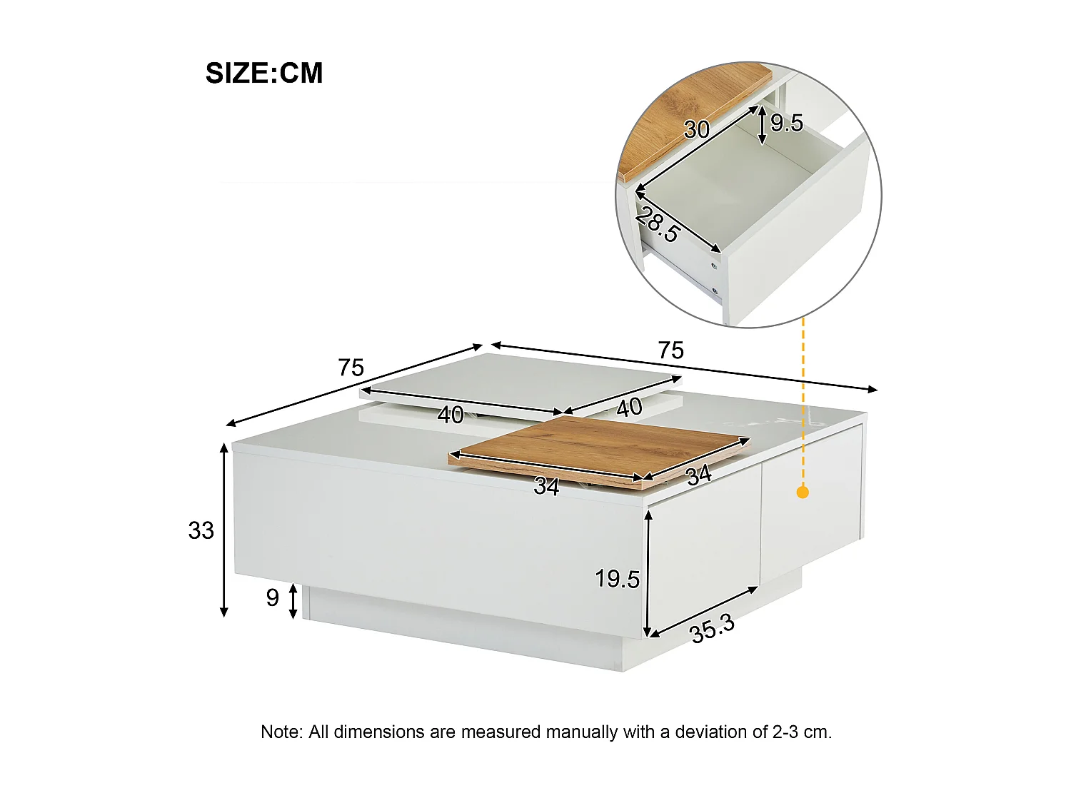 Table basse 75x75x33.5 cm, plateau haut brillant, petits plateaux coulissants, 4 tiroirs, panneaux de particules, blanc
