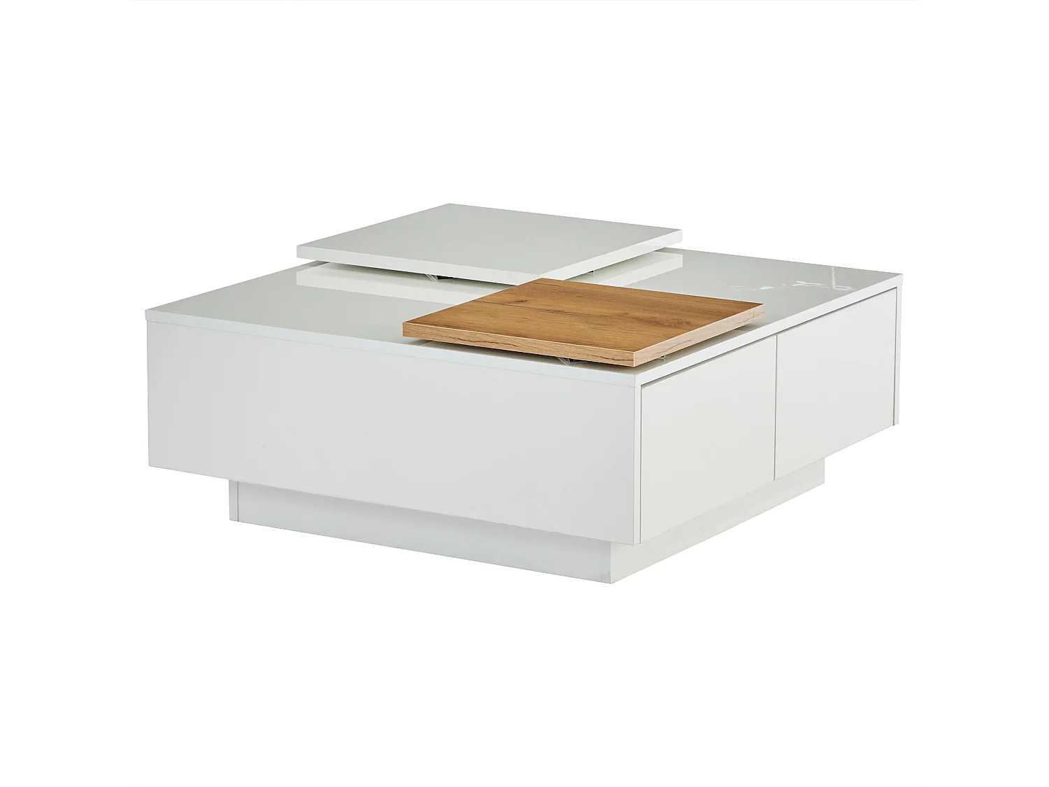 Table basse 75x75x33.5 cm, plateau haut brillant, petits plateaux coulissants, 4 tiroirs, panneaux de particules, blanc