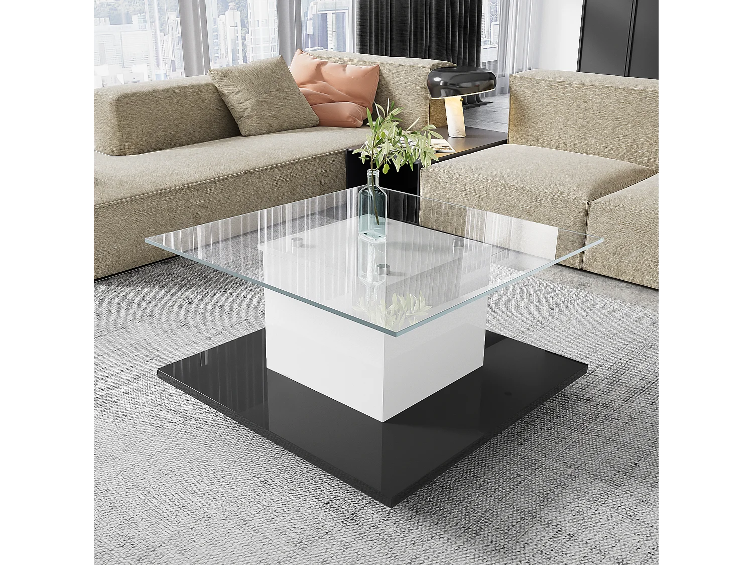 Salontafel 80x80x40 cm mobiel met zwenkwielen spaanplaat in wit en zwart voor woonkamer