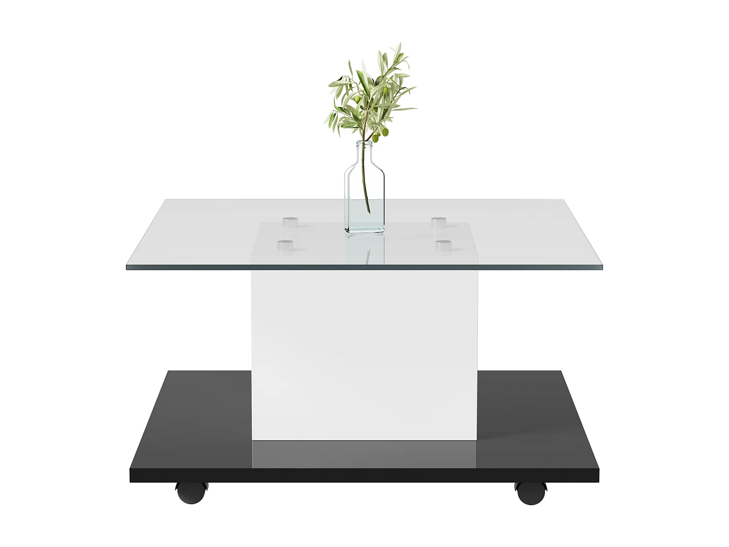 Table basse 80x40x80 cm, bande LED réglable, roulettes avec frein, plateau en verre trempé, panneau de particules, blanc et noir