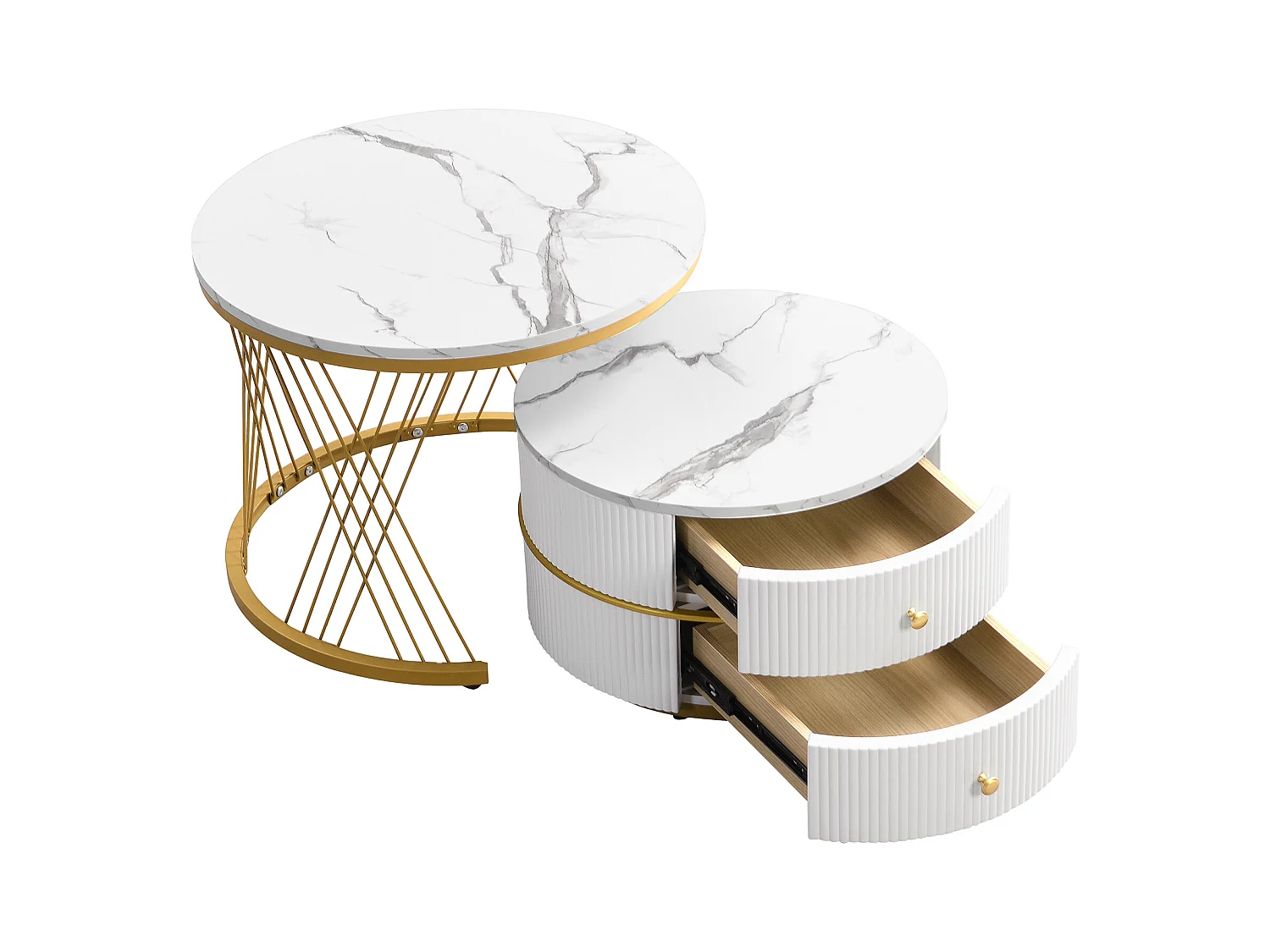 Set van 2 salontafels 60x60x46cm+50x50x308cm rond glanzend marmereffect 2 lades wit