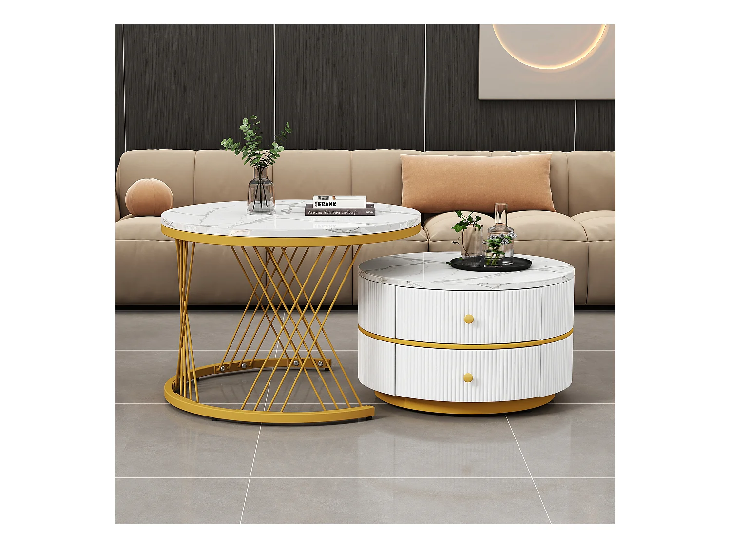 Set van 2 salontafels 60x60x46cm+50x50x308cm rond glanzend marmereffect 2 lades wit