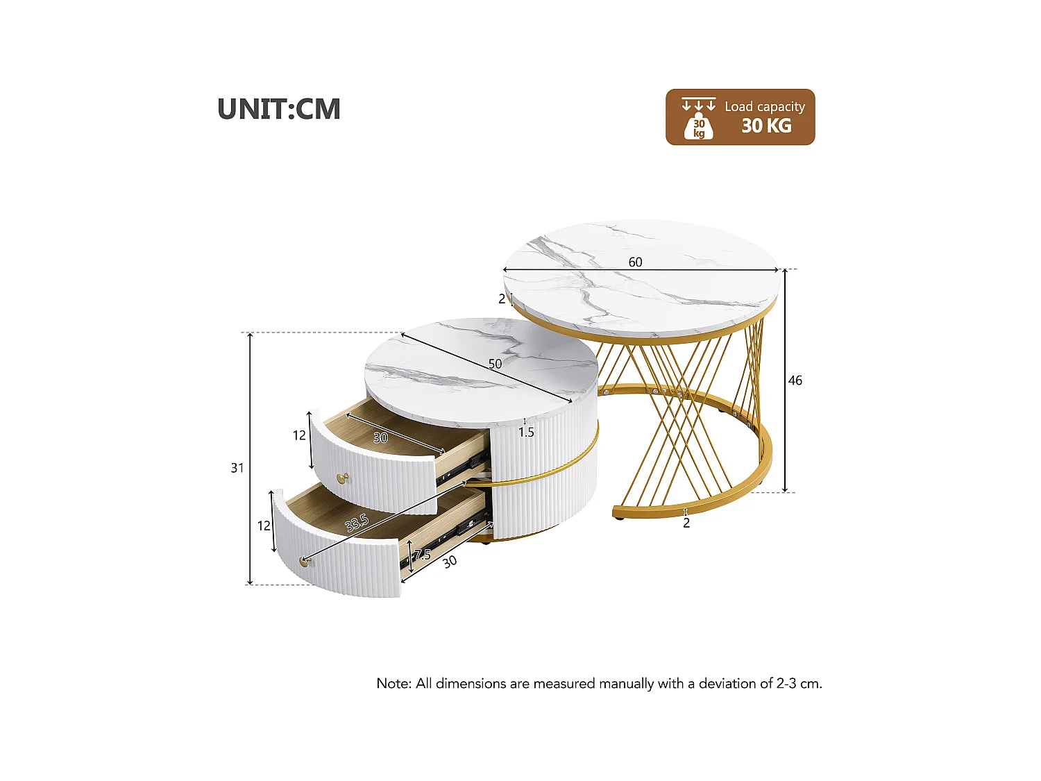Set van 2 salontafels 60x60x46cm+50x50x308cm rond glanzend marmereffect 2 lades wit