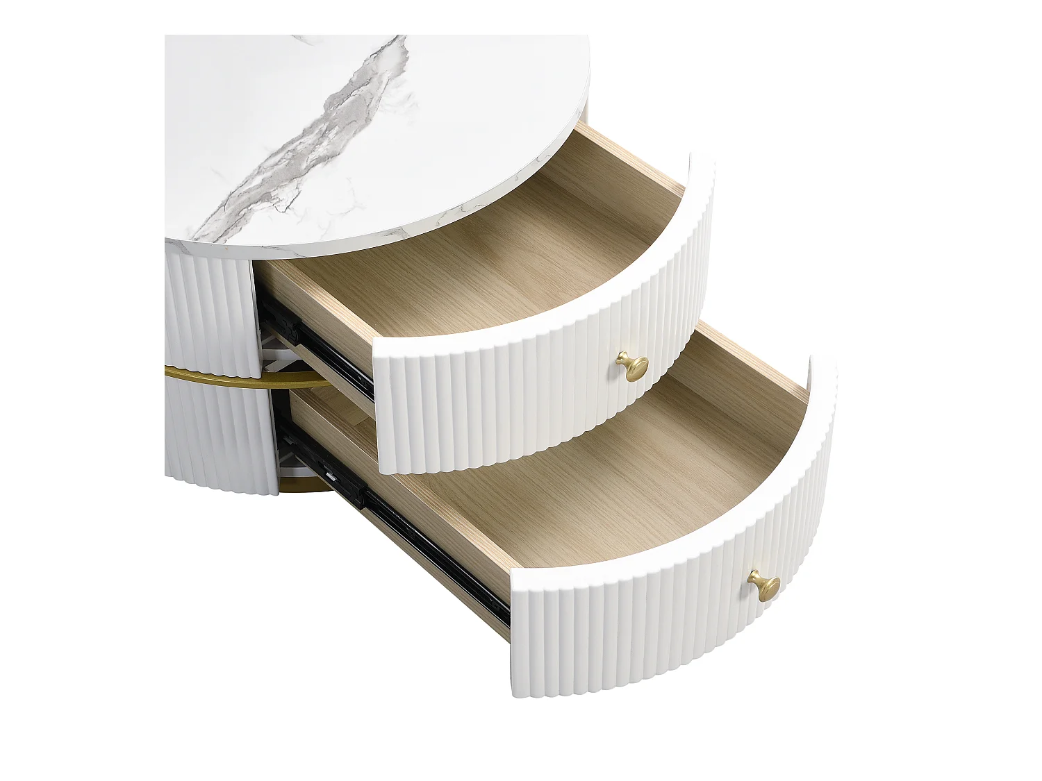 Set van 2 salontafels 60x60x46cm+50x50x308cm rond glanzend marmereffect 2 lades wit