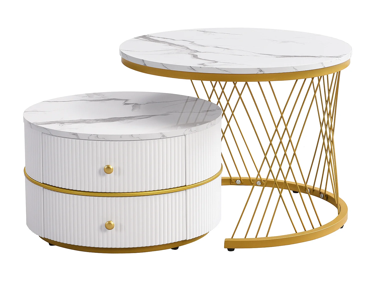 Lot de 2 tables basses 60x60x46cm+50x50x30.8cm rondes effet marbre brillant 2 tiroirs blanc