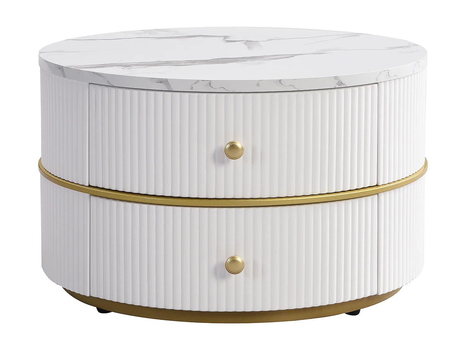 Lot de 2 tables basses 60x60x46cm+50x50x30.8cm rondes effet marbre brillant 2 tiroirs blanc