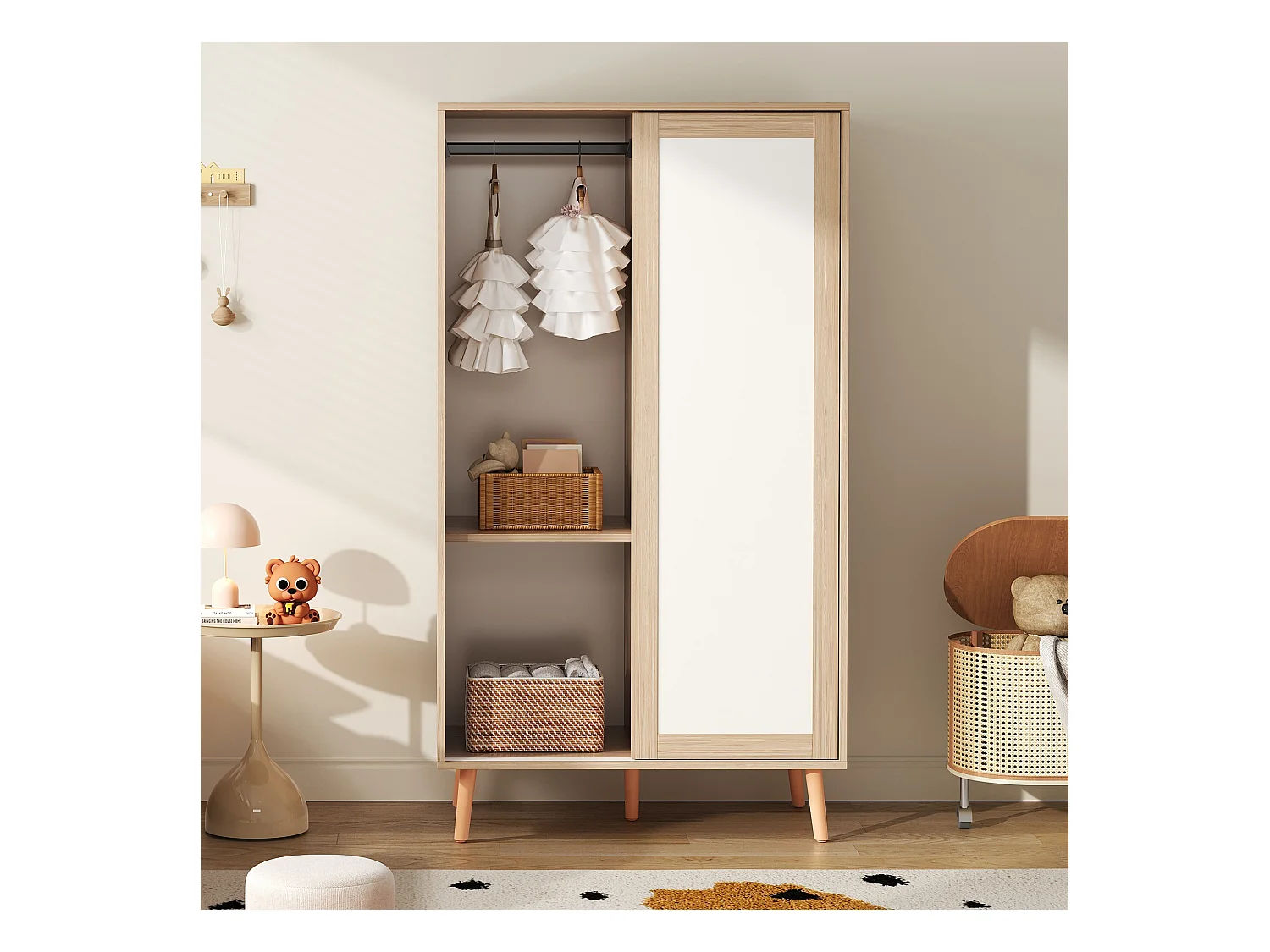 Armoire enfant avec 2 portes coulissantes et tringle à vêtements, blanc et naturel, 80 × 45,7 × 141,5 cm