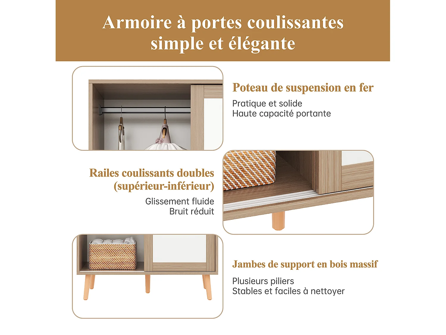 Armoire enfant avec 2 portes coulissantes et tringle à vêtements, blanc et naturel, 80 × 45,7 × 141,5 cm