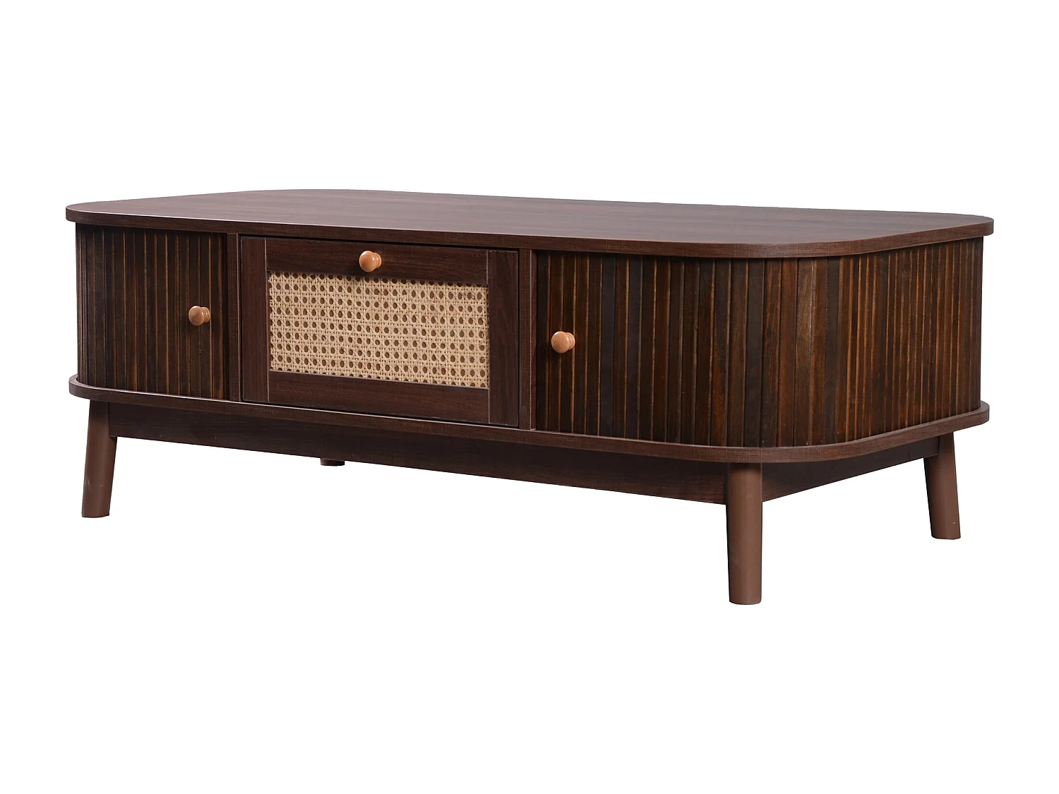 Salontafel 110x55x38.5 cm, opbergruimte met schuifdeuren en laden, houten poten, MDF, naturel