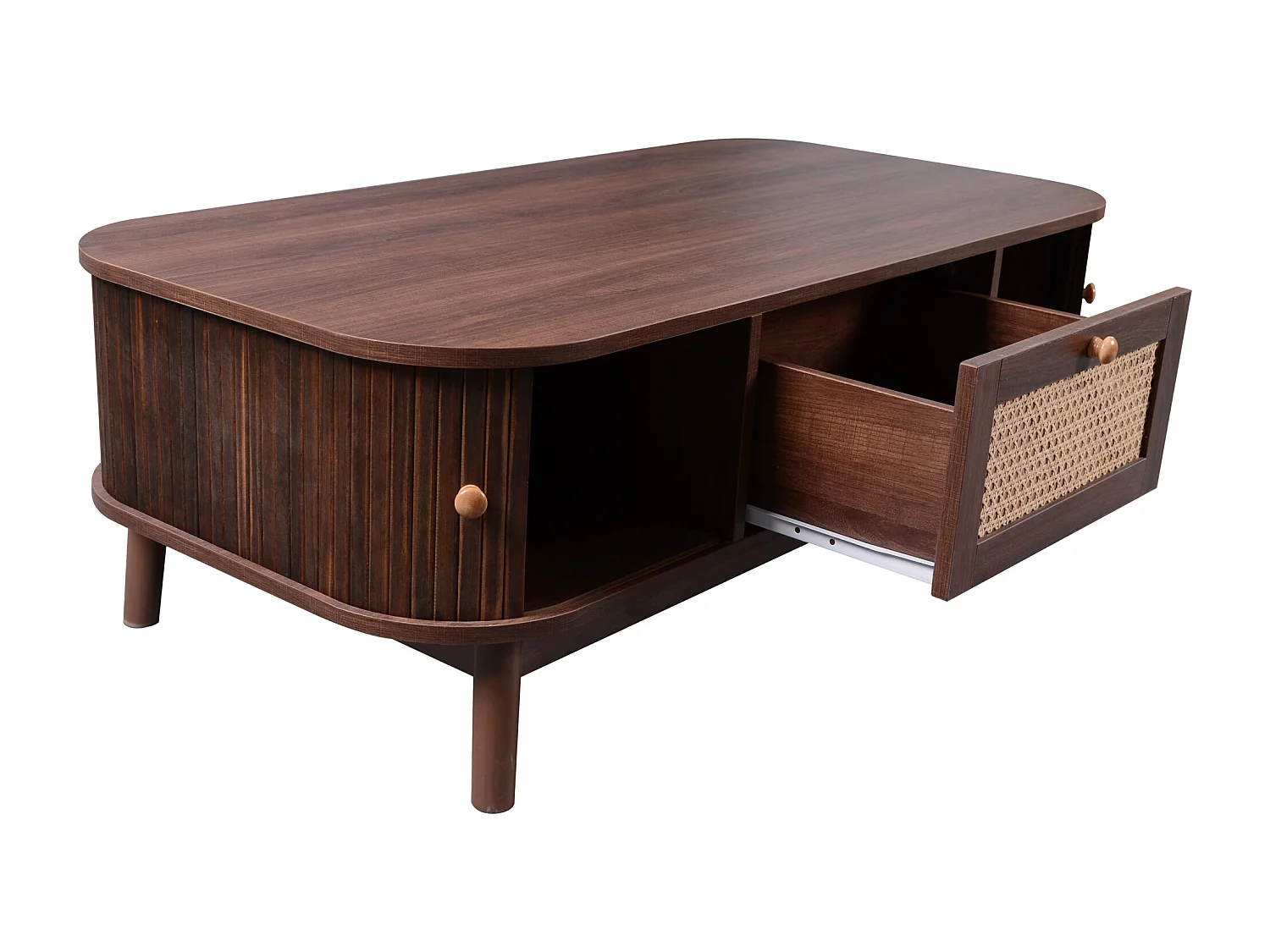 Salontafel 110x55x38.5 cm, opbergruimte met schuifdeuren en laden, houten poten, MDF, naturel